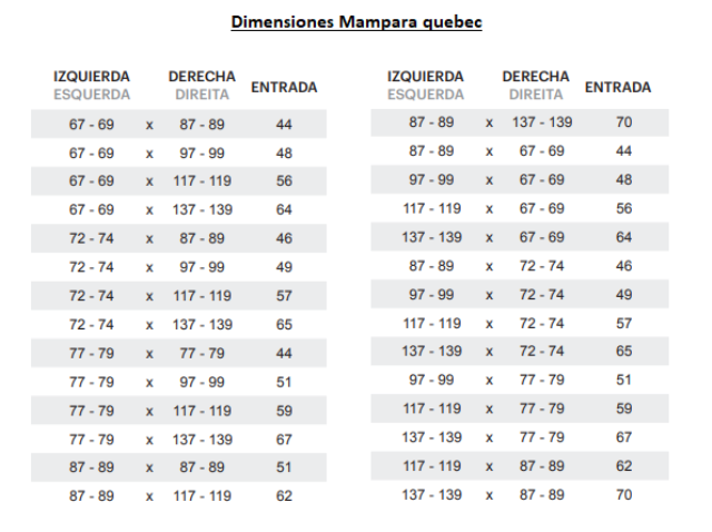 dimensiones mampara quebec